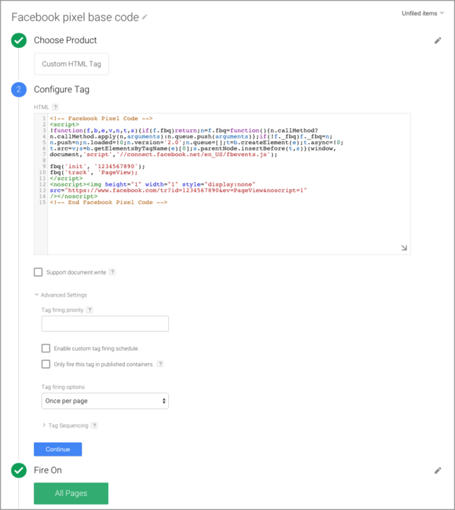 Create Facebook pixel tag Create Facebook pixel tag