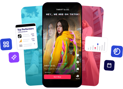 ROI Hunter TikTok Smart+ Carousel: phone creative previews surrounded by segment, template, performance and scheduling capability icons